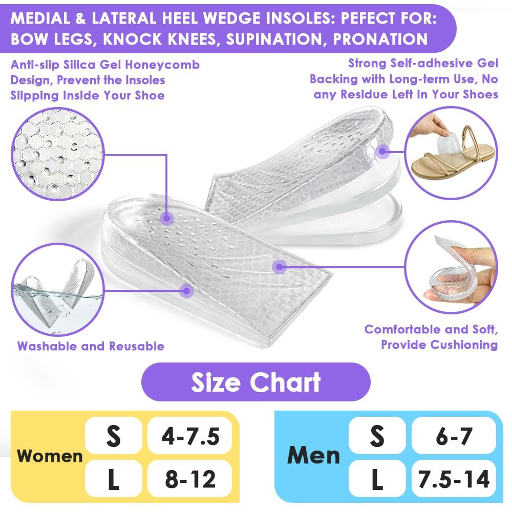 Svowin 3-lagige verstellbare Supination-Überpronation-Einlegesohlen, Anti-Rutsch mediale/laterale Fersenkeil-Einlegesohlen für Fußausrichtung, Knieschmerzen, O-Beine, Arthrose (Transparent, L: W 8-12/ M 7.5-14)