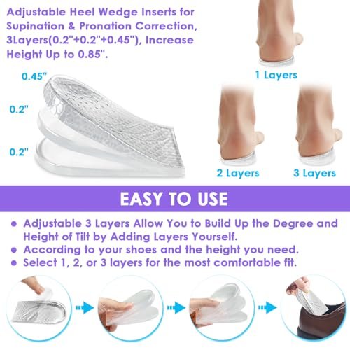 Svowin 3-lagige verstellbare Supination-Überpronation-Einlegesohlen, Anti-Rutsch mediale/laterale Fersenkeil-Einlegesohlen für Fußausrichtung, Knieschmerzen, O-Beine, Arthrose (Transparent, L: W 8-12/ M 7.5-14)
