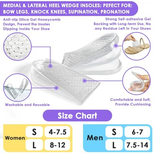 Svowin 3-lagige verstellbare Supination-Überpronation-Einlegesohlen, Anti-Rutsch mediale/laterale Fersenkeil-Einlegesohlen für Fußausrichtung, Knieschmerzen, O-Beine, Arthrose (Transparent, L: W 8-12/ M 7.5-14)