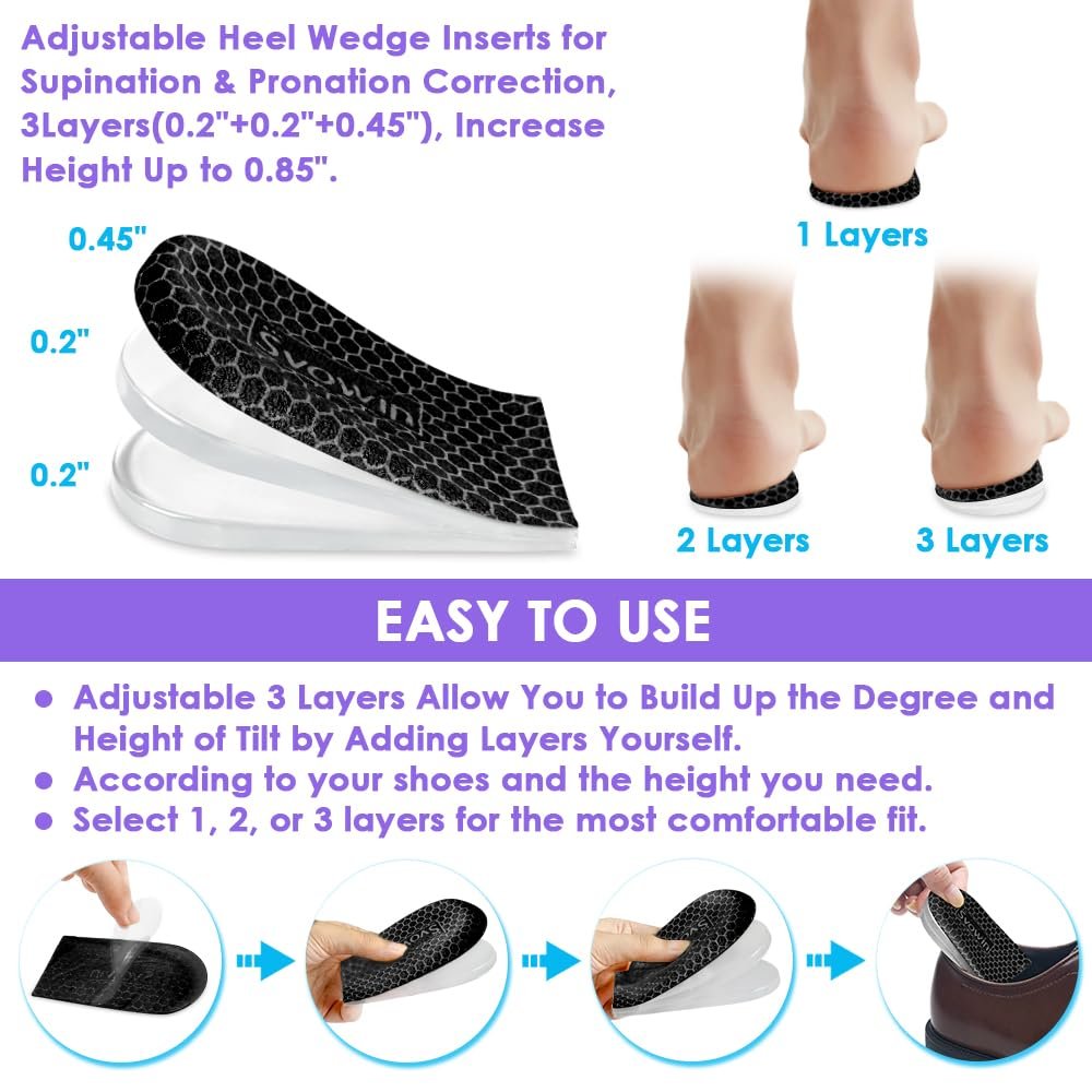 Svowin 3-fach verstellbare Einlegesohlen gegen Supination und Überpronation, Anti-Rutsch mediale/laterale Fersenkeil-Einlegesohlen für Fußausrichtung, Knieschmerzen, O-Beine, Arthrose (Schwarz, L: W 8-12 / M 7.5-14)