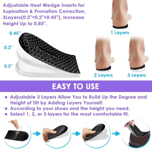 Svowin 3-fach verstellbare Einlegesohlen gegen Supination und Überpronation, Anti-Rutsch mediale/laterale Fersenkeil-Einlegesohlen für Fußausrichtung, Knieschmerzen, O-Beine, Arthrose (Schwarz, L: W 8-12 / M 7.5-14)