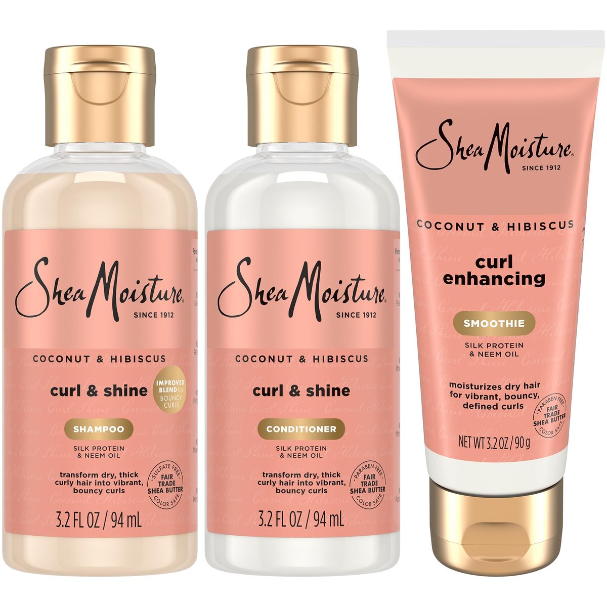 SheaMoisture Reisegrößen Haarpflege-Set, Kokosnuss & Hibiskus Locken & Glanz Shampoo & Spülung + Curl Enhancing Smoothie für federnde Locken, Frizz-Kontrolle, 3x 95 ml