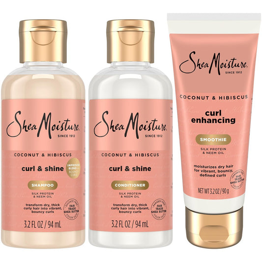 SheaMoisture Reisegrößen Haarpflege-Set, Kokosnuss & Hibiskus Locken & Glanz Shampoo & Spülung + Curl Enhancing Smoothie für federnde Locken, Frizz-Kontrolle, 3x 95 ml