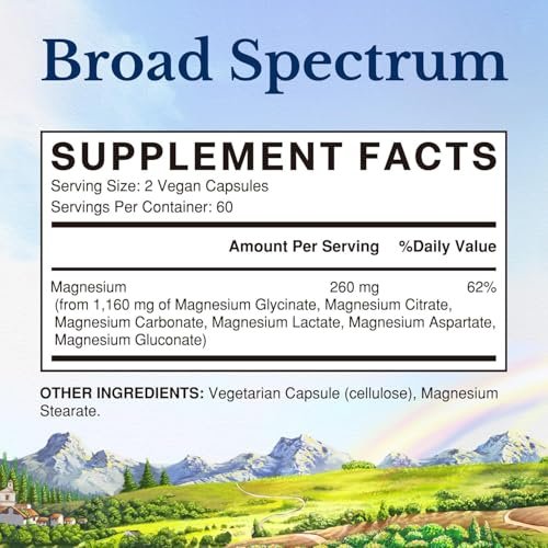 Vitalitown 6-in-1 Magnesium Complex 260mg Pro Portion, Magnesiumglycinat, Citrat, Carbonat, Aspartat, Gluconat & Lactat, Hohe Absorption, Knochen-, Schlaf- & Verdauungsgesundheit, 120 vegane Kapseln
