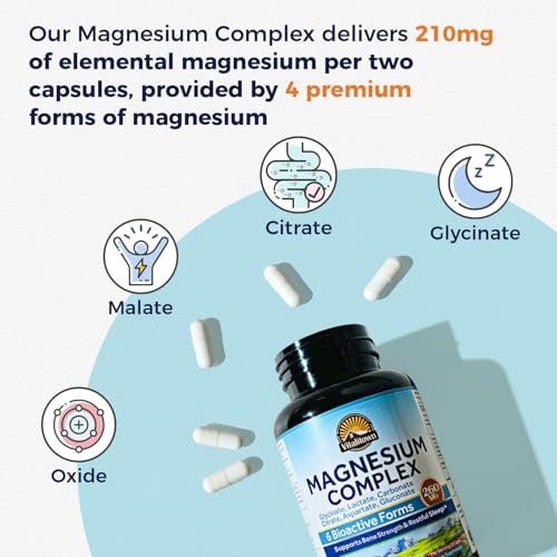 Vitalitown 6-in-1 Magnesium Complex 260mg Pro Portion, Magnesiumglycinat, Citrat, Carbonat, Aspartat, Gluconat & Lactat, Hohe Absorption, Knochen-, Schlaf- & Verdauungsgesundheit, 120 vegane Kapseln
