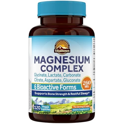 Vitalitown 6-in-1 Magnesium Complex 260mg Pro Portion, Magnesiumglycinat, Citrat, Carbonat, Aspartat, Gluconat & Lactat, Hohe Absorption, Knochen-, Schlaf- & Verdauungsgesundheit, 120 vegane Kapseln