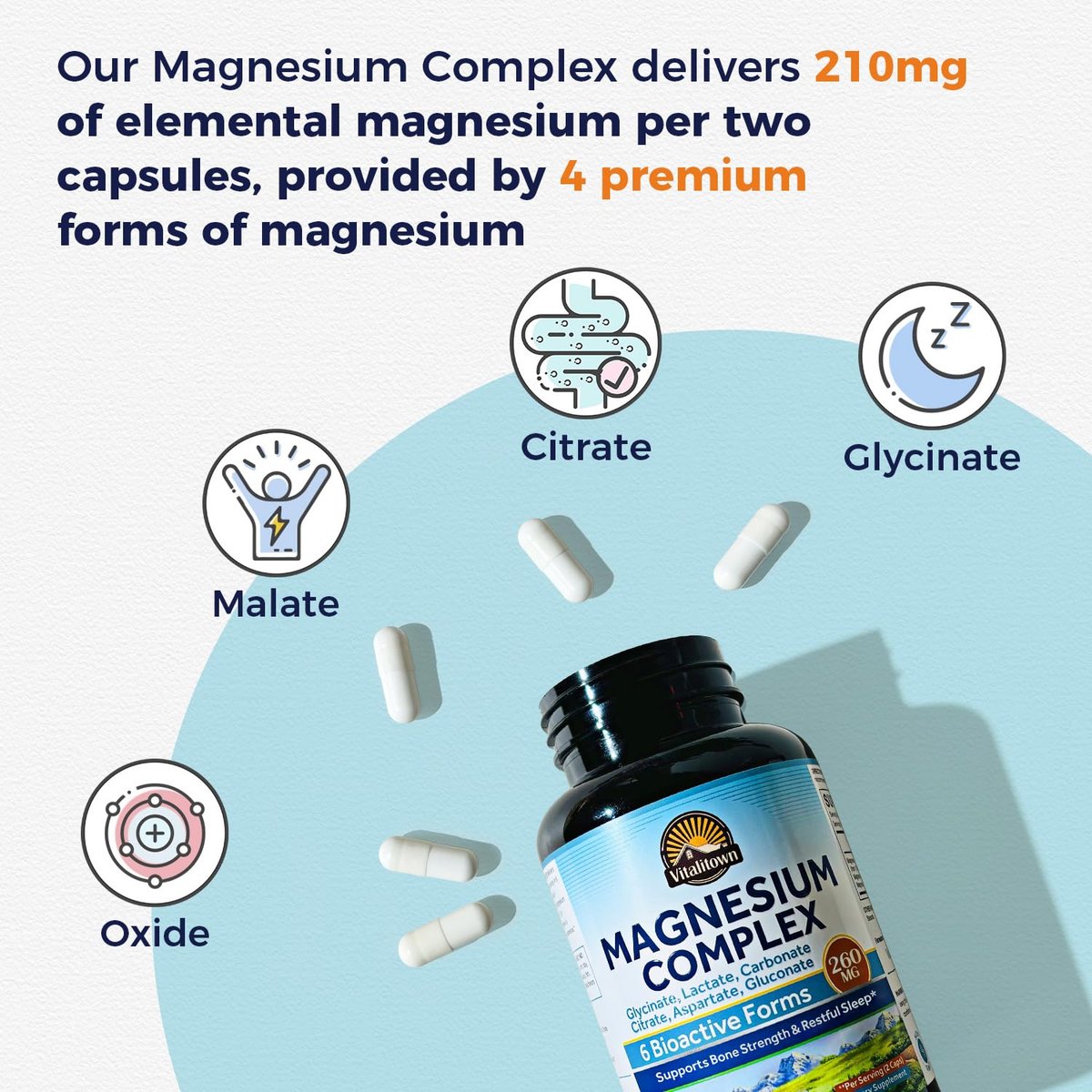 Vitalitown 6-in-1 Magnesium Complex 260mg Pro Portion, Magnesiumglycinat, Citrat, Carbonat, Aspartat, Gluconat & Lactat, Hohe Absorption, Knochen-, Schlaf- & Verdauungsgesundheit, 120 vegane Kapseln