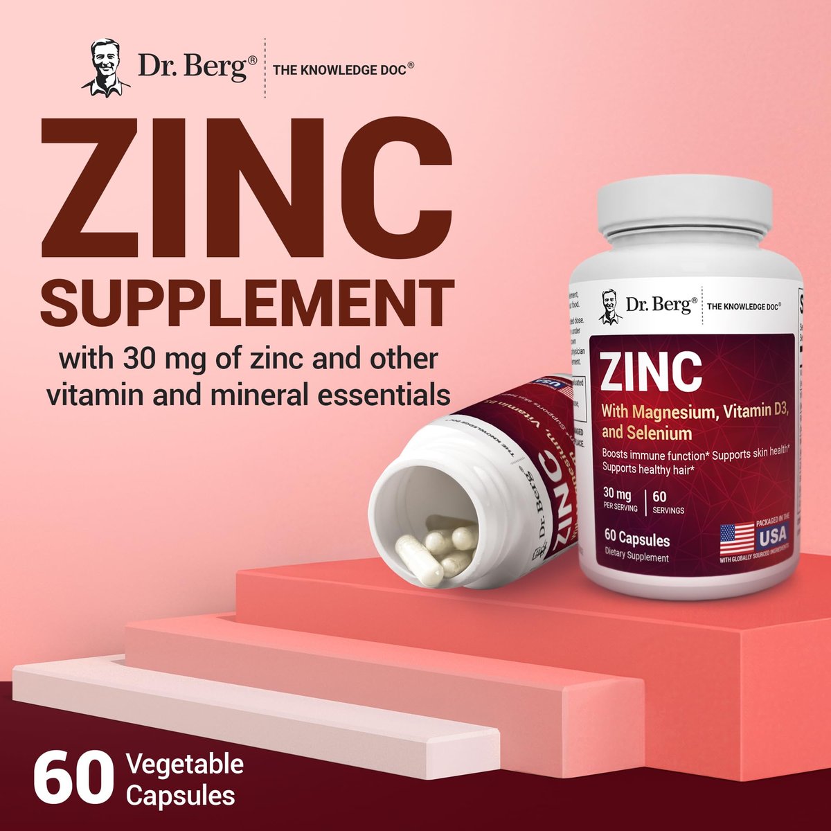 Dr. Berg Zink 30 mg mit Magnesium, Vitamin D3, Selen & Kupfer – Chelat-Zink für Immunsystem, Haut, Haare & Nägel – 60 Kapseln