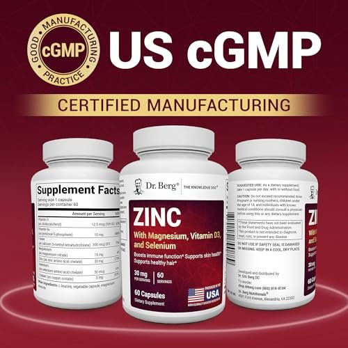 Dr. Berg Zink 30 mg mit Magnesium, Vitamin D3, Selen & Kupfer – Chelat-Zink für Immunsystem, Haut, Haare & Nägel – 60 Kapseln