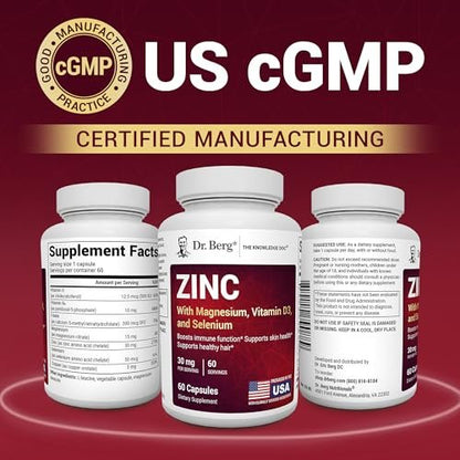 Dr. Berg Zink 30 mg mit Magnesium, Vitamin D3, Selen & Kupfer – Chelat-Zink für Immunsystem, Haut, Haare & Nägel – 60 Kapseln