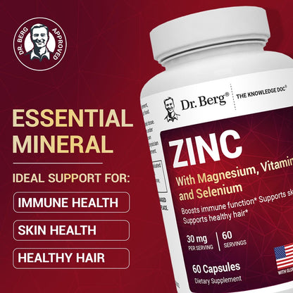 Dr. Berg Zink 30 mg mit Magnesium, Vitamin D3, Selen & Kupfer – Chelat-Zink für Immunsystem, Haut, Haare & Nägel – 60 Kapseln