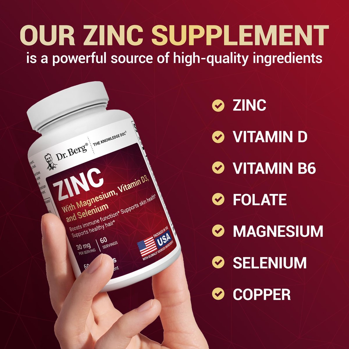 Dr. Berg Zink 30 mg mit Magnesium, Vitamin D3, Selen & Kupfer – Chelat-Zink für Immunsystem, Haut, Haare & Nägel – 60 Kapseln