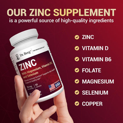 Dr. Berg Zink 30 mg mit Magnesium, Vitamin D3, Selen & Kupfer – Chelat-Zink für Immunsystem, Haut, Haare & Nägel – 60 Kapseln