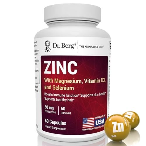 Dr. Berg Zink 30 mg mit Magnesium, Vitamin D3, Selen & Kupfer – Chelat-Zink für Immunsystem, Haut, Haare & Nägel – 60 Kapseln