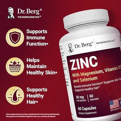 Dr. Berg Zink 30 mg mit Magnesium, Vitamin D3, Selen & Kupfer – Chelat-Zink für Immunsystem, Haut, Haare & Nägel – 60 Kapseln