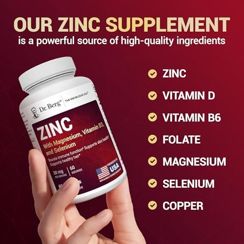 Dr. Berg Zink 30 mg mit Magnesium, Vitamin D3, Selen & Kupfer – Chelat-Zink für Immunsystem, Haut, Haare & Nägel – 60 Kapseln