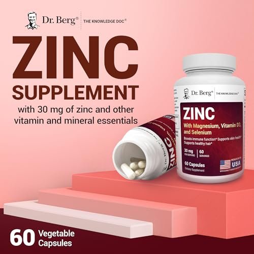 Dr. Berg Zink 30 mg mit Magnesium, Vitamin D3, Selen & Kupfer – Chelat-Zink für Immunsystem, Haut, Haare & Nägel – 60 Kapseln