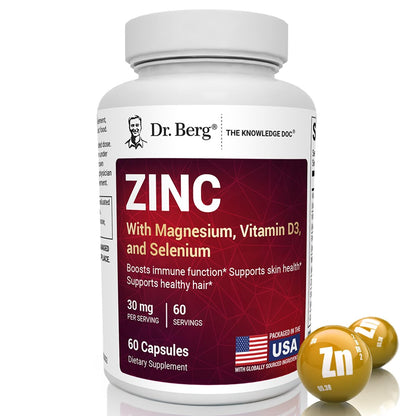 Dr. Berg Zink 30 mg mit Magnesium, Vitamin D3, Selen & Kupfer – Chelat-Zink für Immunsystem, Haut, Haare & Nägel – 60 Kapseln