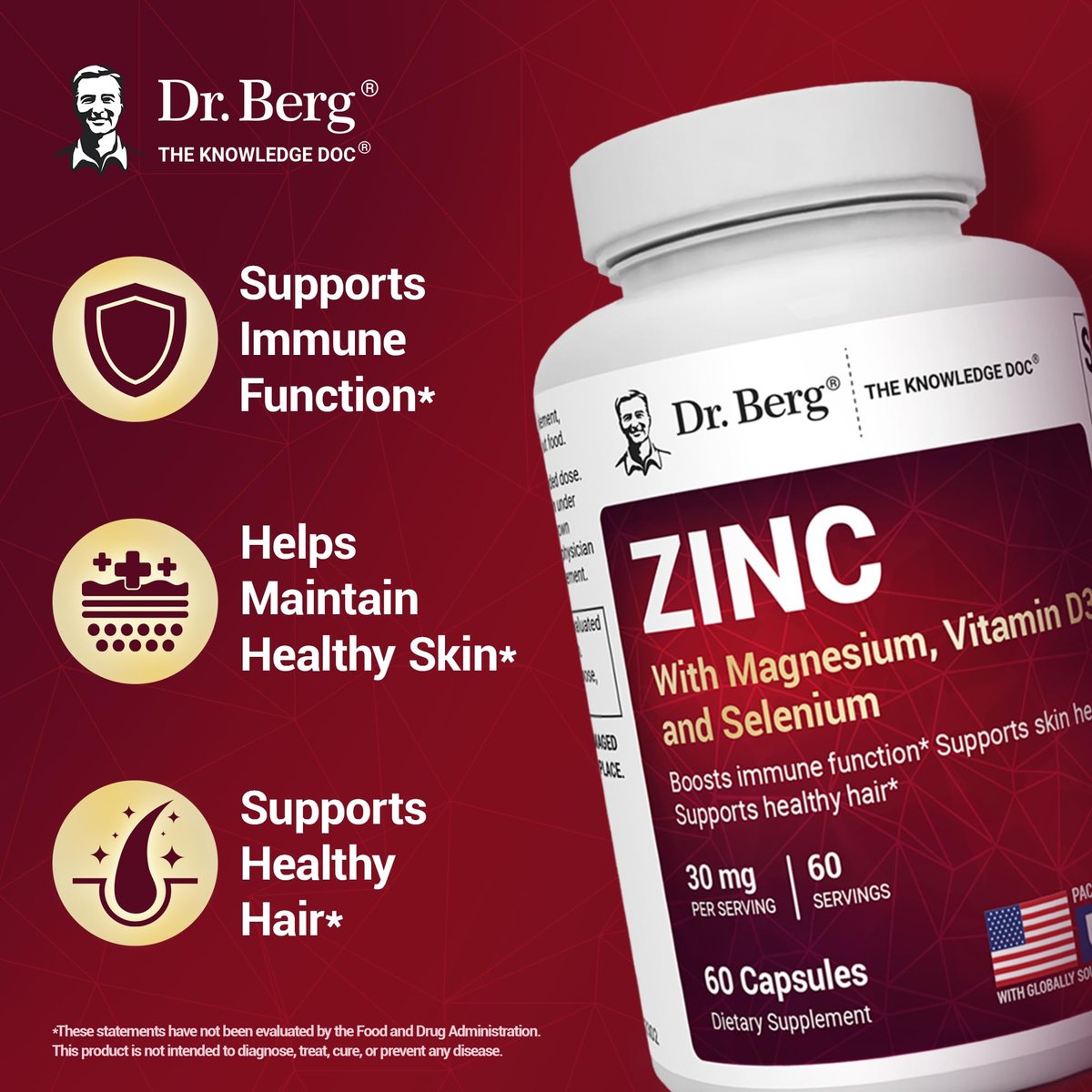 Dr. Berg Zink 30 mg mit Magnesium, Vitamin D3, Selen & Kupfer – Chelat-Zink für Immunsystem, Haut, Haare & Nägel – 60 Kapseln