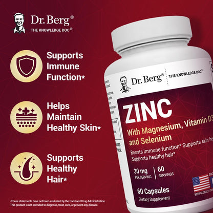 Dr. Berg Zink 30 mg mit Magnesium, Vitamin D3, Selen & Kupfer – Chelat-Zink für Immunsystem, Haut, Haare & Nägel – 60 Kapseln