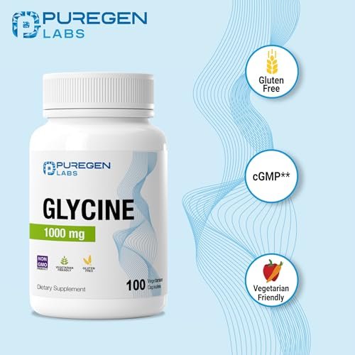 Puregen Labs Glycin 1000 mg [Hochdosiert] 100 vegane Kapseln, Fördert gesunde Erholung | Ohne schädliche Zusätze | Non-GMO, Ohne Gluten und Laktose – 100 Portionen