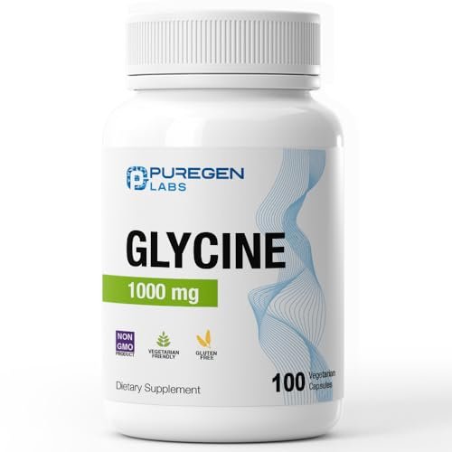 Puregen Labs Glycin 1000 mg [Hochdosiert] 100 vegane Kapseln, Fördert gesunde Erholung | Ohne schädliche Zusätze | Non-GMO, Ohne Gluten und Laktose – 100 Portionen