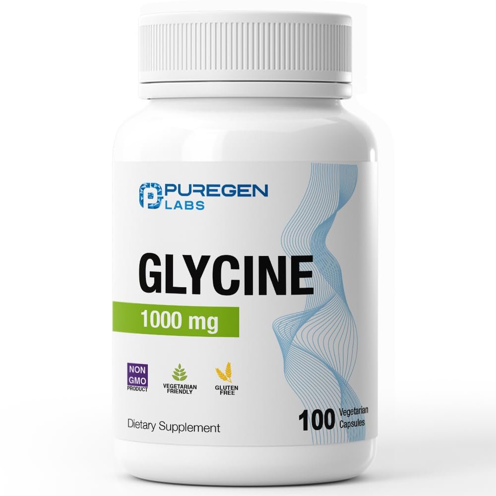 Puregen Labs Glycin 1000 mg [Hochdosiert] 100 vegane Kapseln, Fördert gesunde Erholung | Ohne schädliche Zusätze | Non-GMO, Ohne Gluten und Laktose – 100 Portionen