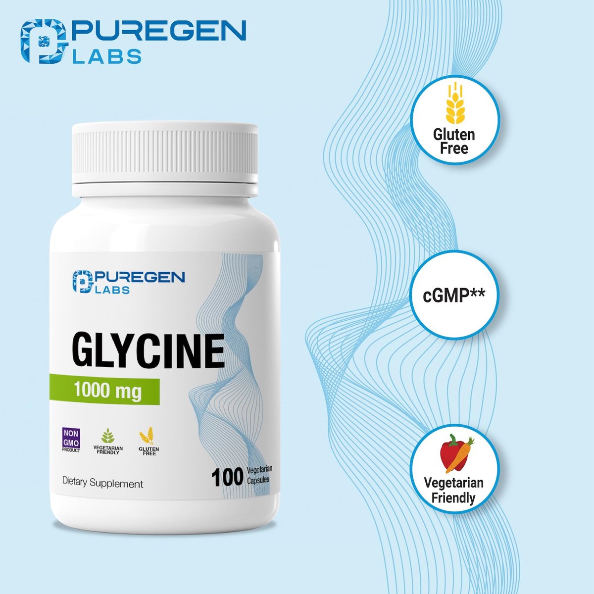 Puregen Labs Glycin 1000 mg [Hochdosiert] 100 vegane Kapseln, Fördert gesunde Erholung | Ohne schädliche Zusätze | Non-GMO, Ohne Gluten und Laktose – 100 Portionen