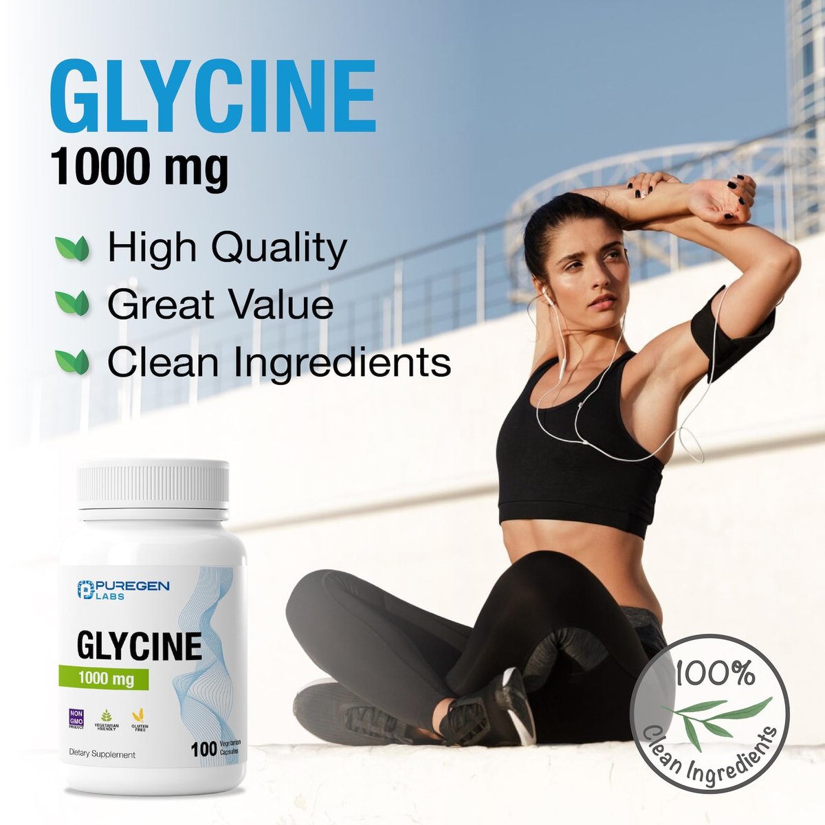 Puregen Labs Glycin 1000 mg [Hochdosiert] 100 vegane Kapseln, Fördert gesunde Erholung | Ohne schädliche Zusätze | Non-GMO, Ohne Gluten und Laktose – 100 Portionen