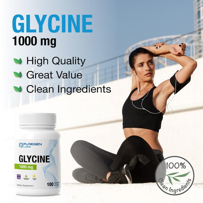 Puregen Labs Glycin 1000 mg [Hochdosiert] 100 vegane Kapseln, Fördert gesunde Erholung | Ohne schädliche Zusätze | Non-GMO, Ohne Gluten und Laktose – 100 Portionen