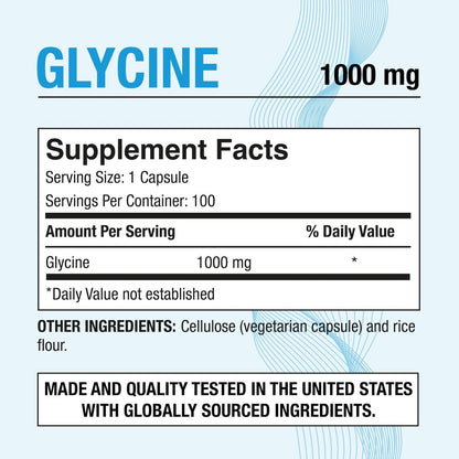 Puregen Labs Glycin 1000 mg [Hochdosiert] 100 vegane Kapseln, Fördert gesunde Erholung | Ohne schädliche Zusätze | Non-GMO, Ohne Gluten und Laktose – 100 Portionen