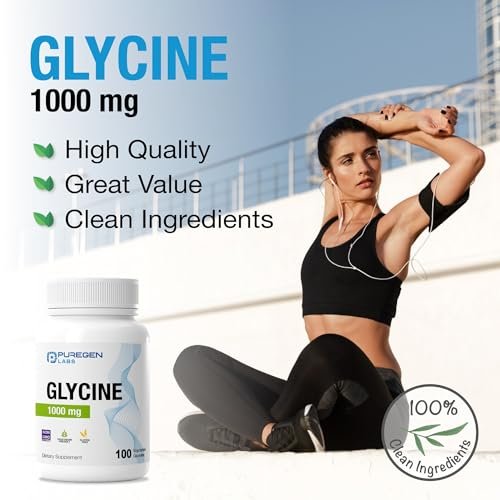 Puregen Labs Glycin 1000 mg [Hochdosiert] 100 vegane Kapseln, Fördert gesunde Erholung | Ohne schädliche Zusätze | Non-GMO, Ohne Gluten und Laktose – 100 Portionen
