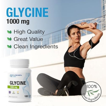 Puregen Labs Glycin 1000 mg [Hochdosiert] 100 vegane Kapseln, Fördert gesunde Erholung | Ohne schädliche Zusätze | Non-GMO, Ohne Gluten und Laktose – 100 Portionen