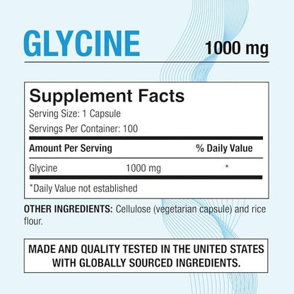 Puregen Labs Glycin 1000 mg [Hochdosiert] 100 vegane Kapseln, Fördert gesunde Erholung | Ohne schädliche Zusätze | Non-GMO, Ohne Gluten und Laktose – 100 Portionen