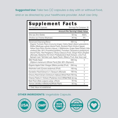 Leber-Reinigung Detox & Reparatur 27-in-1 Formel - Mariendistel, Löwenzahnwurzel, Kurkuma, Artischockenextrakt & mehr - Leber-Detox-Unterstützung - 3rd Party getestet, vegan & aus den USA (60 Kapseln)