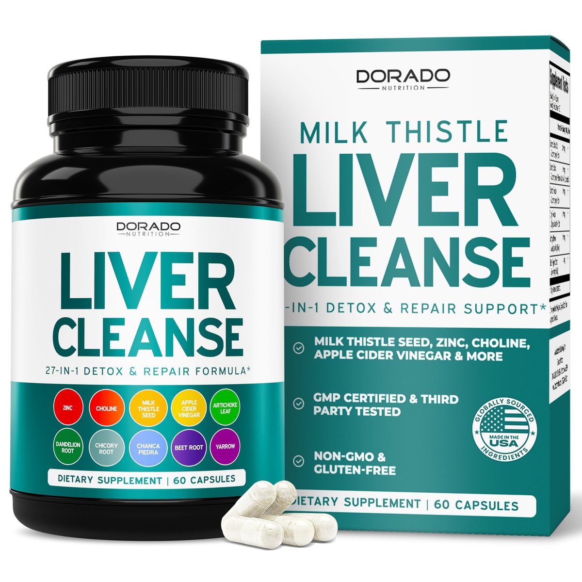 Leber-Reinigung Detox & Reparatur 27-in-1 Formel - Mariendistel, Löwenzahnwurzel, Kurkuma, Artischockenextrakt & mehr - Leber-Detox-Unterstützung - 3rd Party getestet, vegan & aus den USA (60 Kapseln)