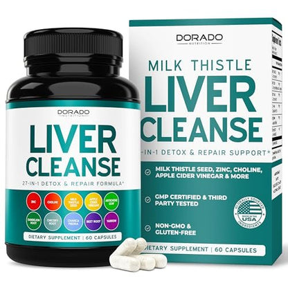 Leber-Reinigung Detox & Reparatur 27-in-1 Formel - Mariendistel, Löwenzahnwurzel, Kurkuma, Artischockenextrakt & mehr - Leber-Detox-Unterstützung - 3rd Party getestet, vegan & aus den USA (60 Kapseln)