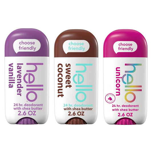 hello Deodorant Variety Pack, Aluminiumfreies Deodorant für Frauen und Männer mit Sheabutter, Lavendel-Vanille, Süße Kokosnuss, Einhorn, Backpulverfrei, 3 x 2,6 oz Sticks