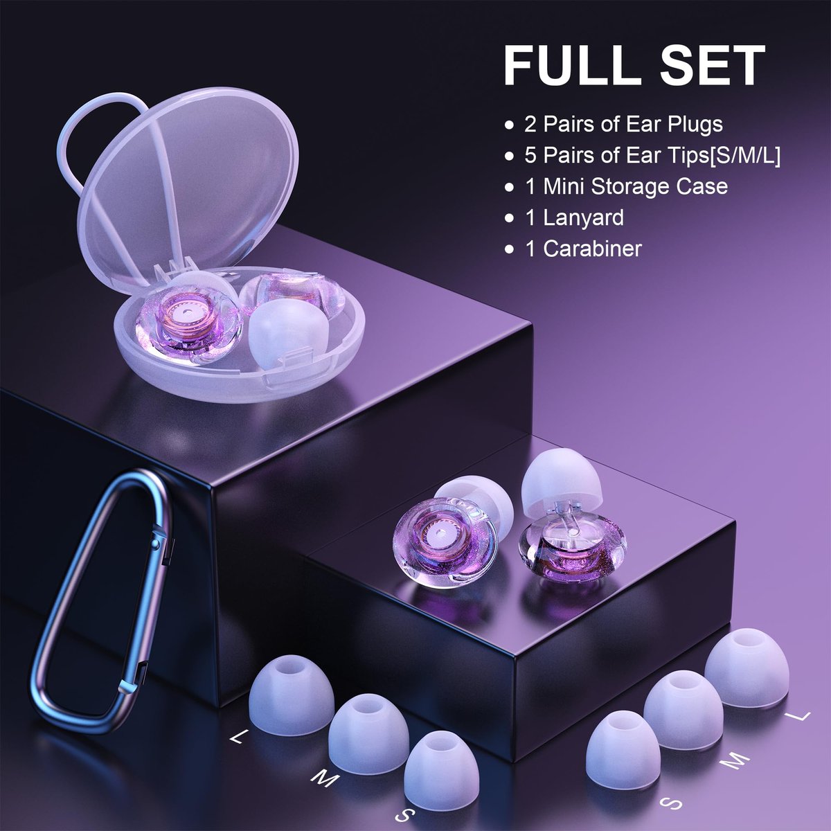 Yawsoy Lila Silikon In-Ear Ohrstöpsel, 2er-Pack High Fidelity Ohrstöpsel für Konzerte, Raves, Arbeit, Musiker, 5 Paar Ohrpolster in S/M/L, 18-25 dB Geräuschunterdrückung
