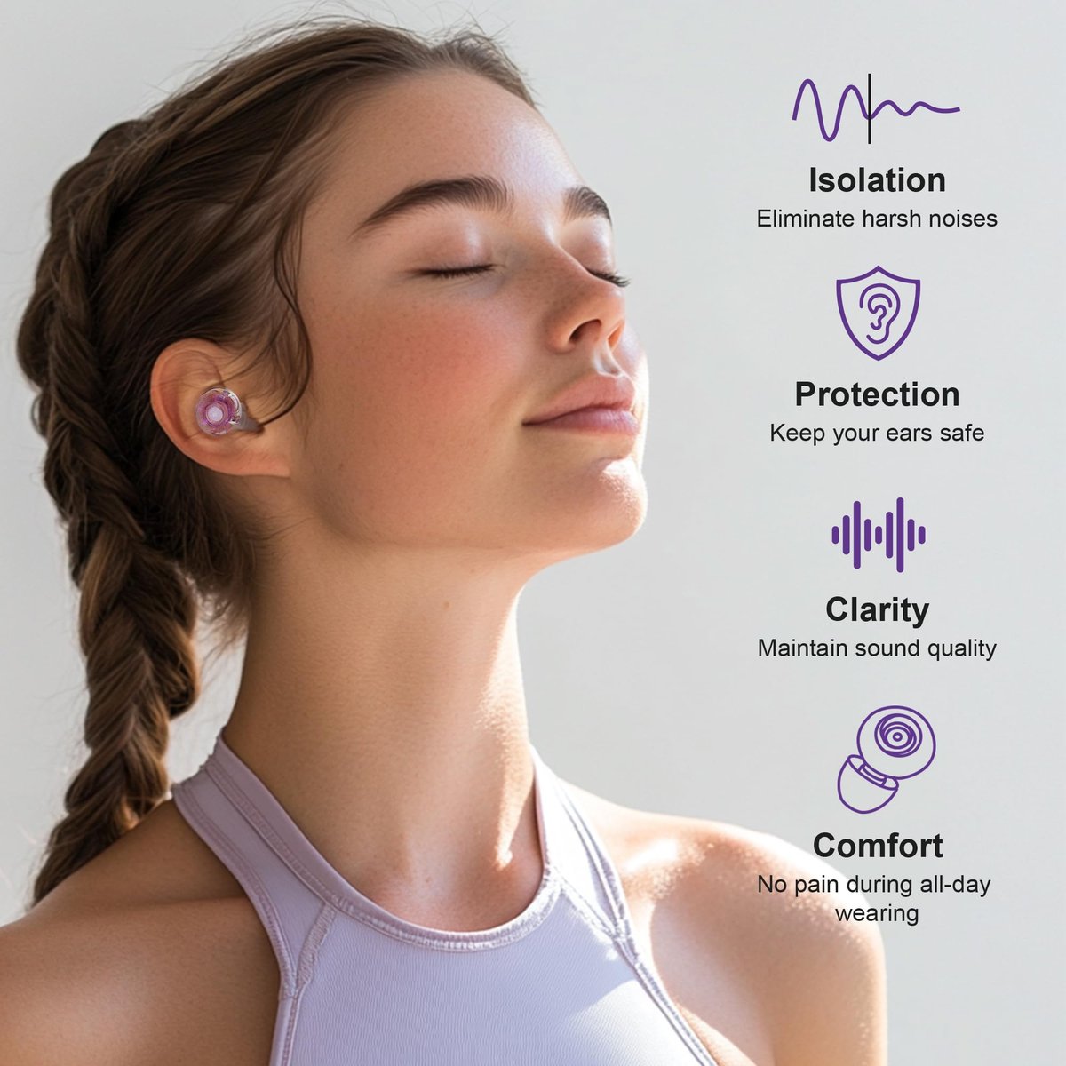 Yawsoy Lila Silikon In-Ear Ohrstöpsel, 2er-Pack High Fidelity Ohrstöpsel für Konzerte, Raves, Arbeit, Musiker, 5 Paar Ohrpolster in S/M/L, 18-25 dB Geräuschunterdrückung