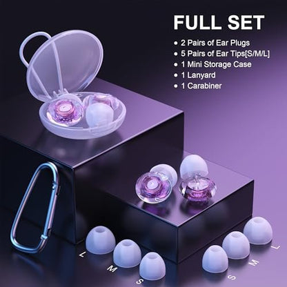 Yawsoy Lila Silikon In-Ear Ohrstöpsel, 2er-Pack High Fidelity Ohrstöpsel für Konzerte, Raves, Arbeit, Musiker, 5 Paar Ohrpolster in S/M/L, 18-25 dB Geräuschunterdrückung