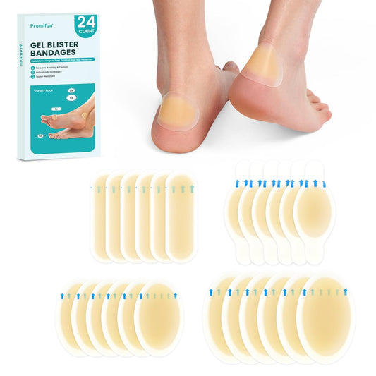 Hydrokolloid-Gel Blasenpflaster - Promifun wasserdichte Haftpflaster für Ferse, Fuß, Zehen - Gel Blasenpflaster zur Vorbeugung und Heilung (24 Stück, Sortiert)