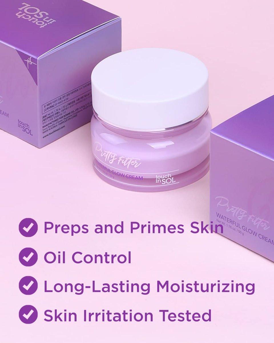Touch in Sol Hydrating Face Moisturizer Gel Cream 1,76 oz – Leichte Tages- und Nachtcreme mit Hyaluronsäure und Kollagen – Pretty Filter Waterful Glow Cream
