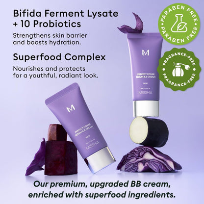 MISSHA M Perfect Cover Serum BB Cream No.21 Light Beige – Getönte Feuchtigkeitscreme mit kühlem Unterton, 35 ml