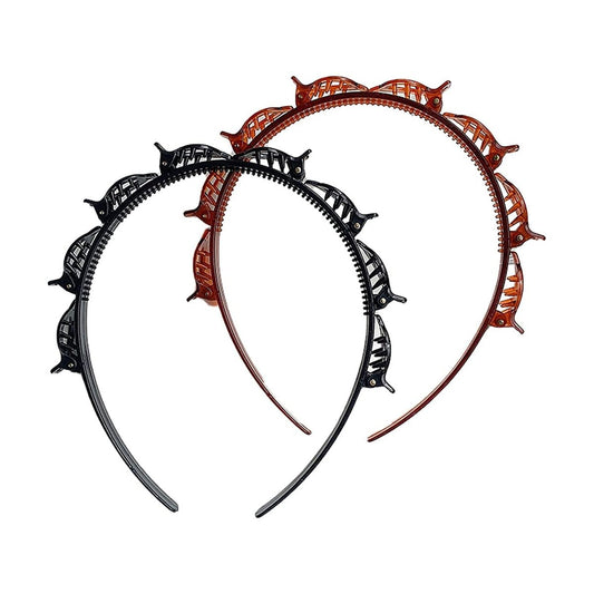 2er-Set Doppel-Pony Frisur Haarnadel Stirnband mit 8 kleinen Clips, Doppellagiges Twist-Zopf-Haarwerkzeug für lockiges, dickes Haar, gezahnte Haarbänder, Zopfwerkzeug, Haaraccessoires, Schwarz und Rötlichbraun