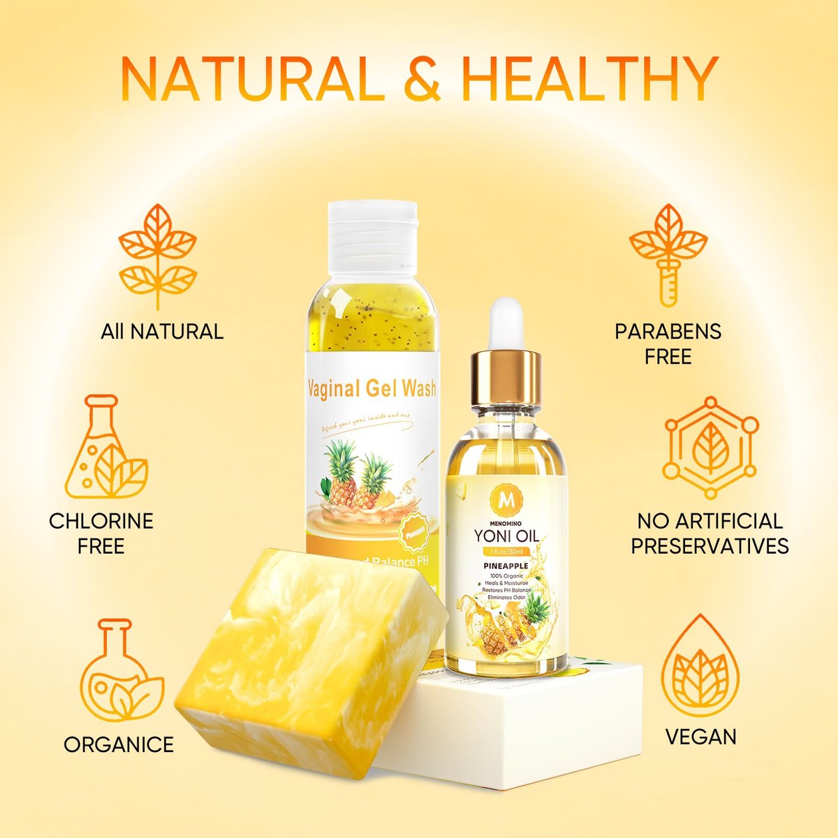 MENOMINO Intimwaschseife & Yoni-Seife & Yoni-Öl für Frauen pH-Balance, Ananas Yoni Wash zur Befeuchtung und Entfernung von Gerüchen, 5,07 Fl.Oz Intimwaschmittel, 1 Fl.Oz Yoni-Öl & 3,53 Unzen Yoni-Seife
