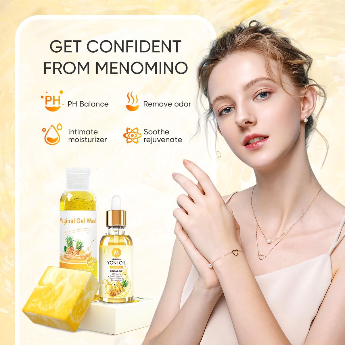 MENOMINO Intimwaschseife & Yoni-Seife & Yoni-Öl für Frauen pH-Balance, Ananas Yoni Wash zur Befeuchtung und Entfernung von Gerüchen, 5,07 Fl.Oz Intimwaschmittel, 1 Fl.Oz Yoni-Öl & 3,53 Unzen Yoni-Seife