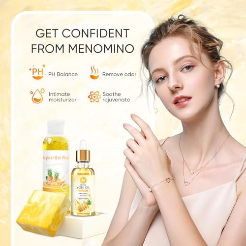 MENOMINO Intimwaschseife & Yoni-Seife & Yoni-Öl für Frauen pH-Balance, Ananas Yoni Wash zur Befeuchtung und Entfernung von Gerüchen, 5,07 Fl.Oz Intimwaschmittel, 1 Fl.Oz Yoni-Öl & 3,53 Unzen Yoni-Seife