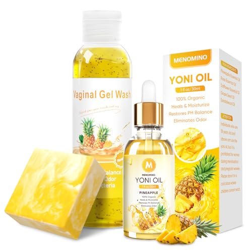 MENOMINO Intimwaschseife & Yoni-Seife & Yoni-Öl für Frauen pH-Balance, Ananas Yoni Wash zur Befeuchtung und Entfernung von Gerüchen, 5,07 Fl.Oz Intimwaschmittel, 1 Fl.Oz Yoni-Öl & 3,53 Unzen Yoni-Seife