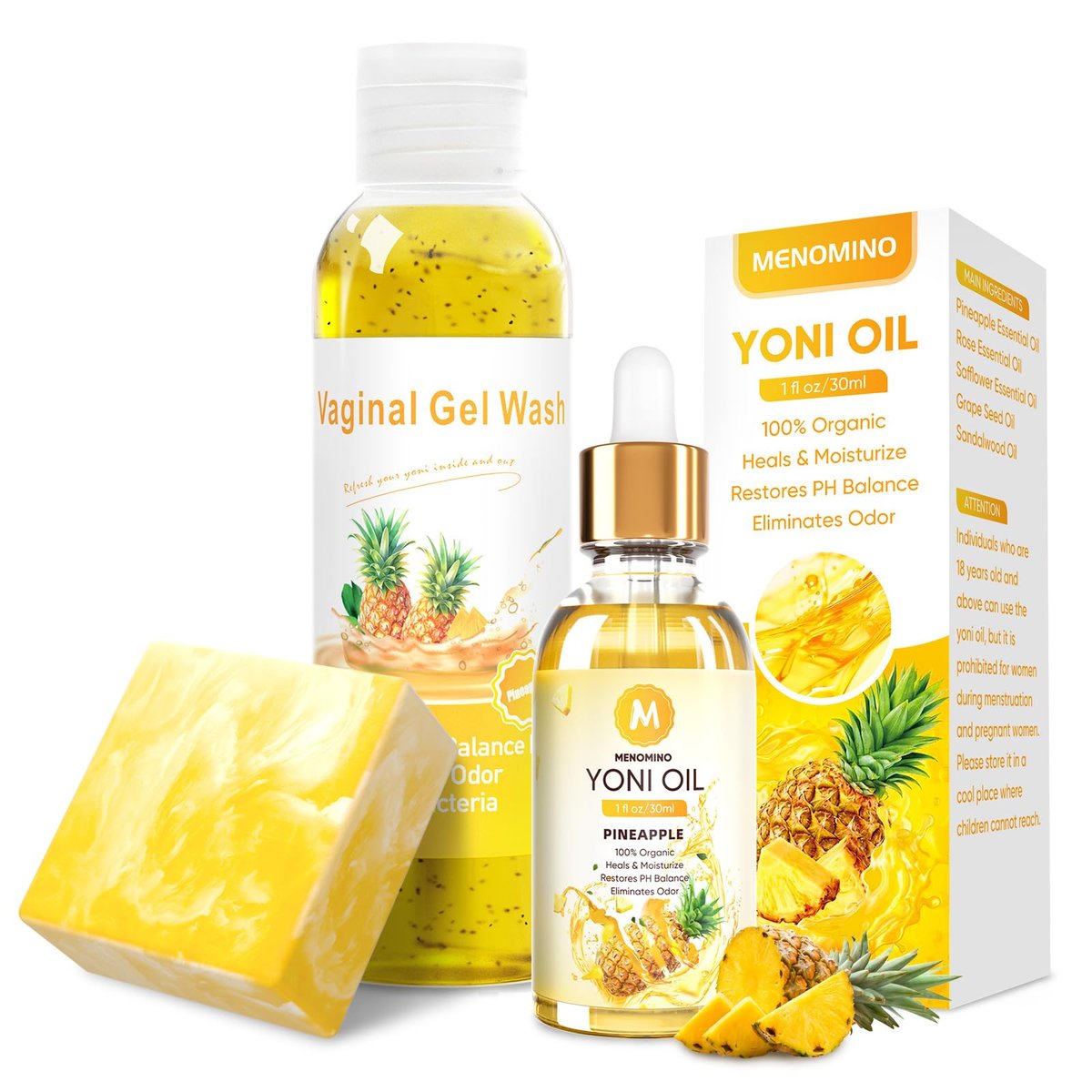 MENOMINO Intimwaschseife & Yoni-Seife & Yoni-Öl für Frauen pH-Balance, Ananas Yoni Wash zur Befeuchtung und Entfernung von Gerüchen, 5,07 Fl.Oz Intimwaschmittel, 1 Fl.Oz Yoni-Öl & 3,53 Unzen Yoni-Seife